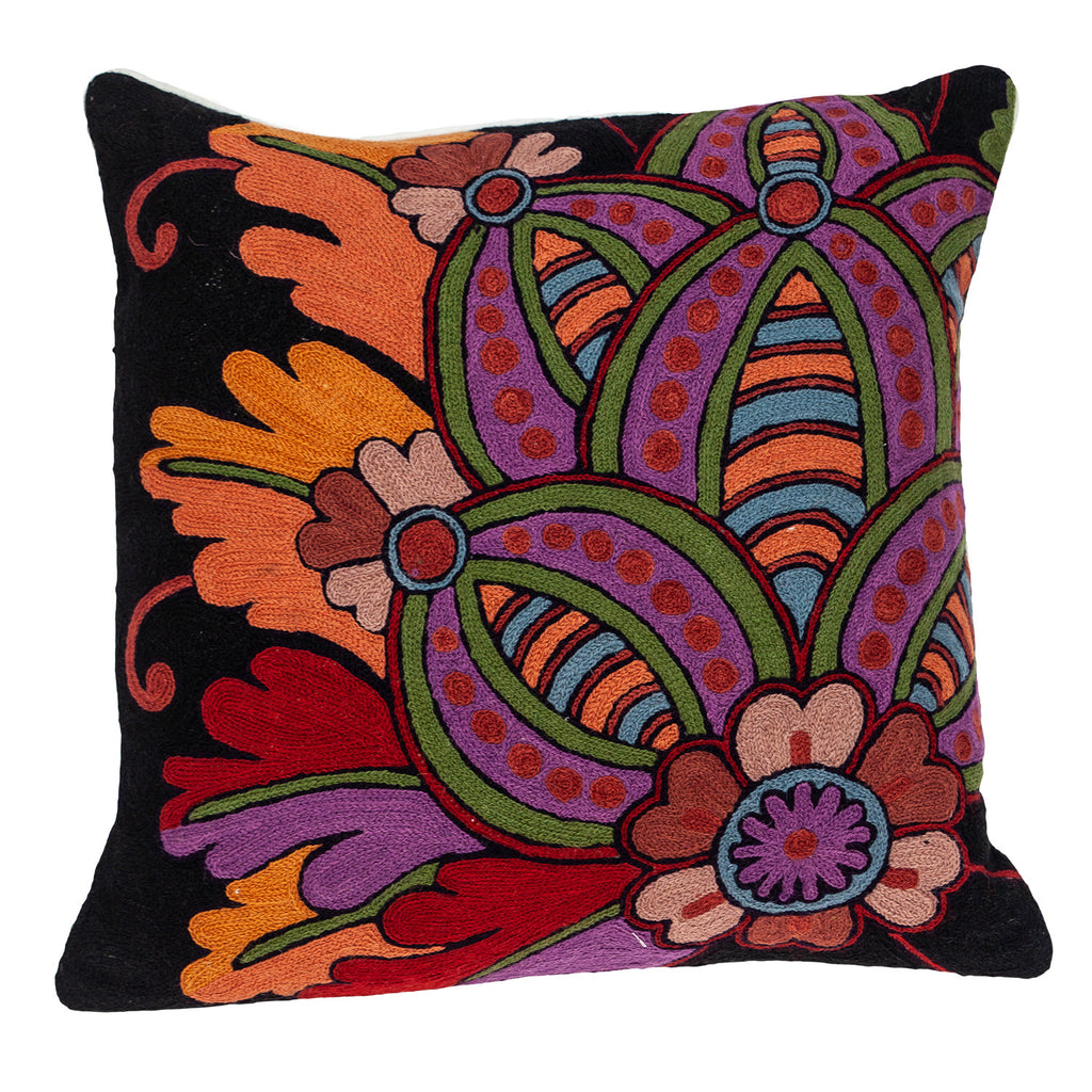 20" X 20" Black And Orange Zippered 100% Cotton Throw Pillow With Embroidery