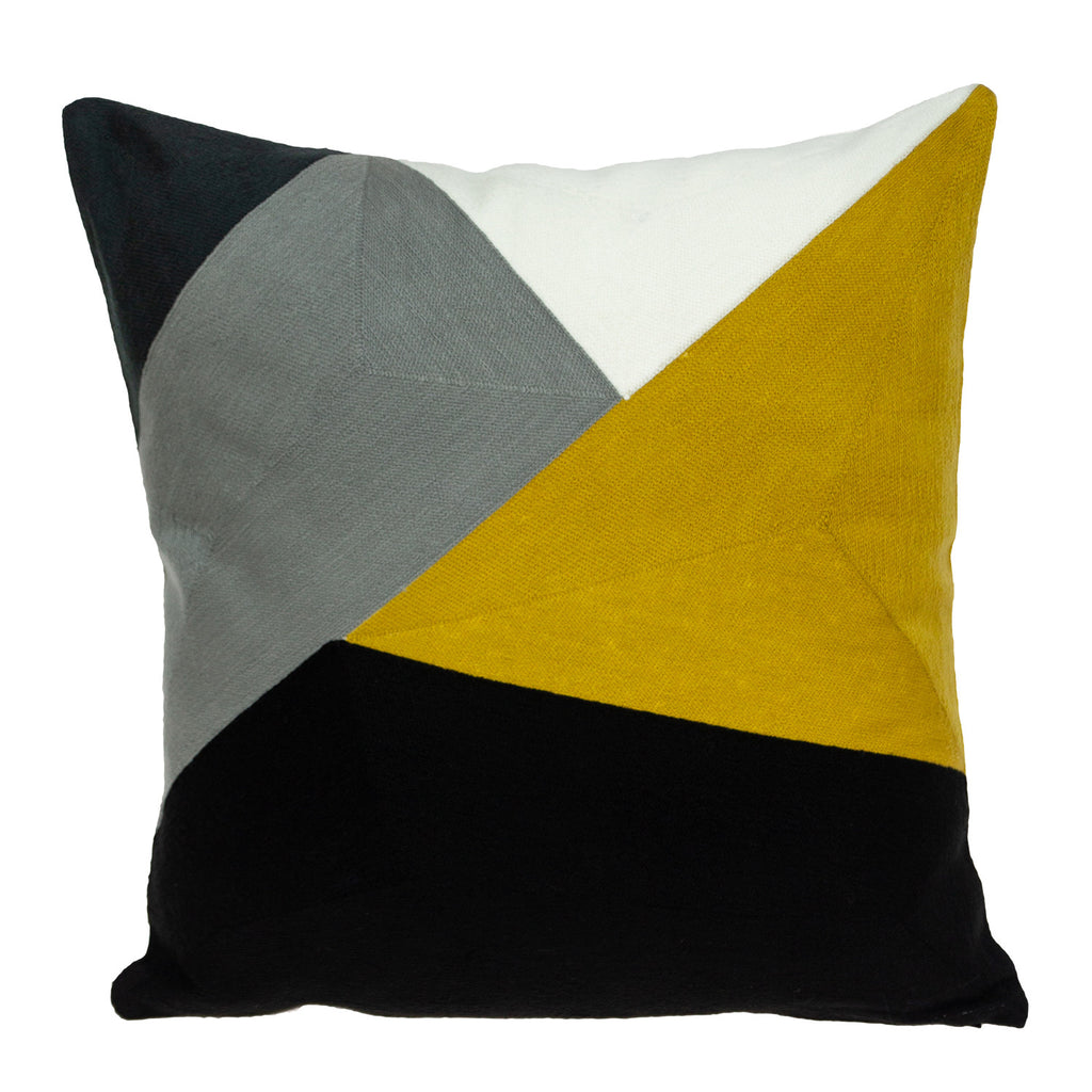 20" X 20" Black Grey And Mustard Geometric Zippered 100% Cotton Throw Pillow