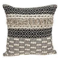 18" X 18" Beige And Black Zippered 100% Cotton Throw Pillow With Fringe