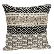 18" X 18" Beige And Black Zippered 100% Cotton Throw Pillow With Fringe