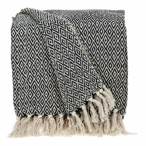 Boho Black and Beige Woven Diamond Pattern Throw with Tassels