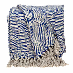 Blue and Beige Woven Handloom Throw with Tassels