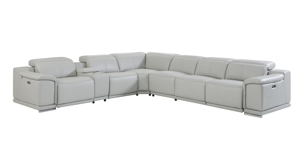 Light Gray Italian Leather Power Recline L Shape Seven Piece Corner Sectional With Console