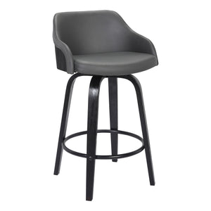 26" Gray Swivel Faux Leather Black Wooden Bar Stool