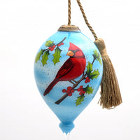 Red Cardinal on Christmas Holly Branches Hand Painted Mouth Blown Glass Ornament