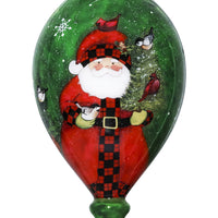 Green Plaid Santa Hand Painted Mouth Blown Glass Ornament