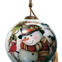 Winter Wreath Forest Snowman Hand Painted Mouth Blown Glass Ornament