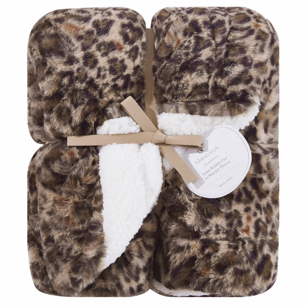 Reversible Leopard Brown Faux Rabbit Fur and Sherpa Throw Blanket