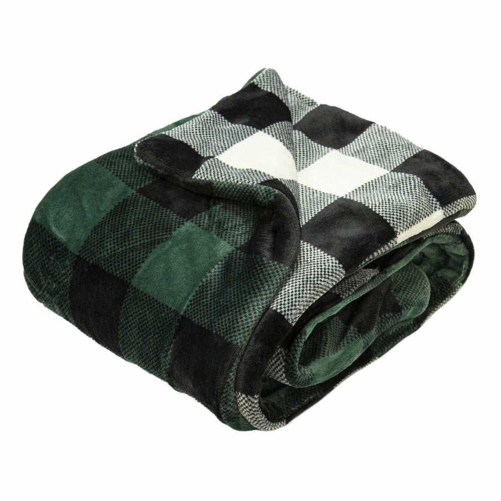 Buffalo Black Green Printed Velvet and Velvet Throw Blanket