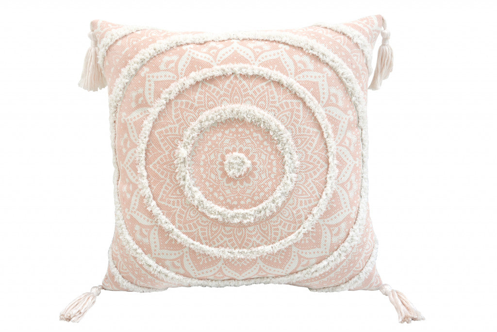 18" X 18" Peach And White Geometric Zippered Polyester And Cotton Blend Throw Pillow With Tassels