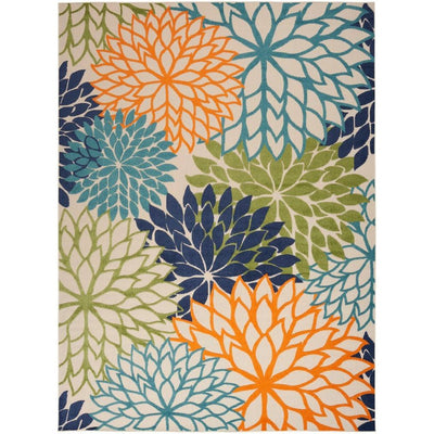 9' X 12' Orange Green And Blue Floral Non Skid Indoor Outdoor Area Rug