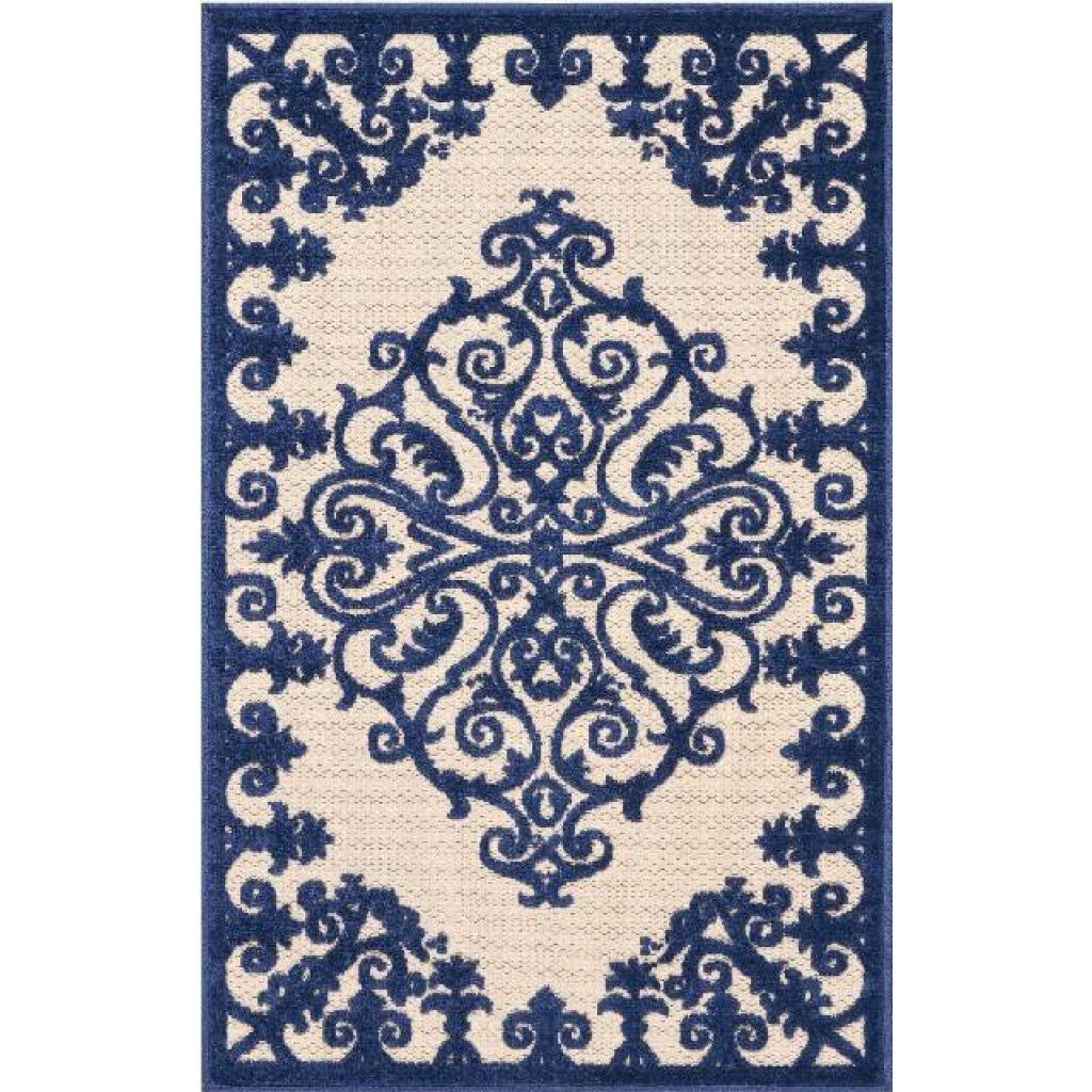 10' X 13' Navy Damask Non Skid Indoor Outdoor Area Rug