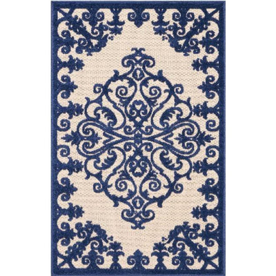 10' X 13' Navy Damask Non Skid Indoor Outdoor Area Rug