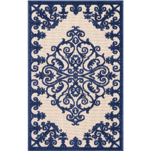 10' X 13' Navy Damask Non Skid Indoor Outdoor Area Rug