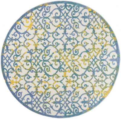 8' X 8' Ivory And Blue Round Damask Non Skid Indoor Outdoor Area Rug