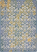 9' X 12' Ivory And Blue Damask Non Skid Indoor Outdoor Area Rug