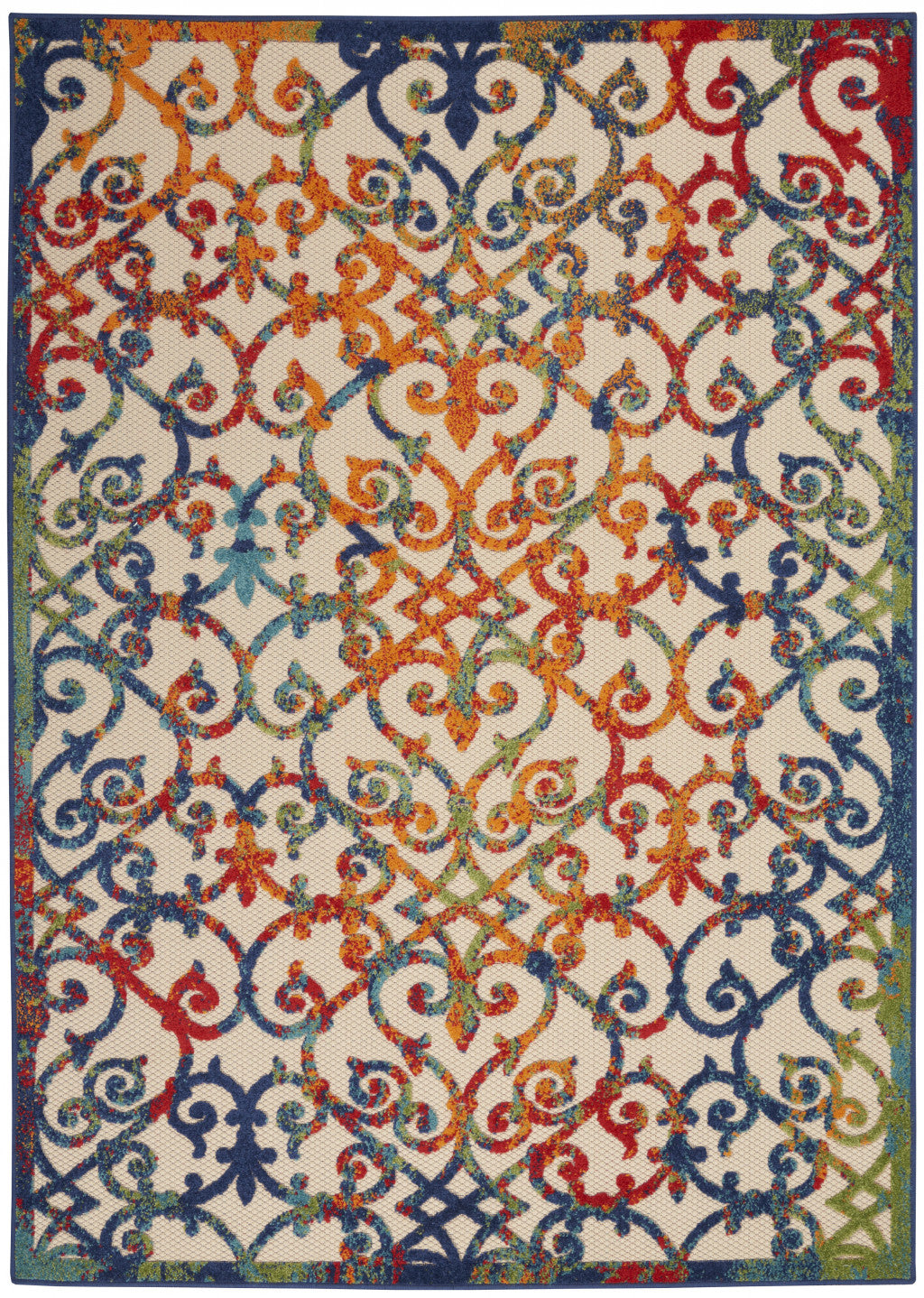 10' X 13' Ivory Blue And Green Damask Non Skid Indoor Outdoor Area Rug