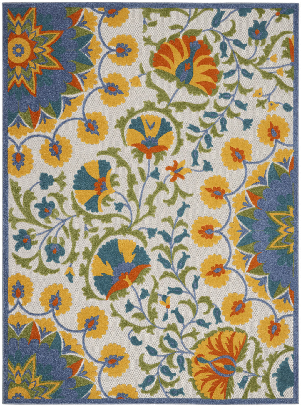 10' X 13' Blue Yellow And White Toile Non Skid Indoor Outdoor Area Rug