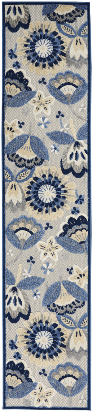 2' X 12' Blue And Grey Floral Non Skid Indoor Outdoor Runner Rug