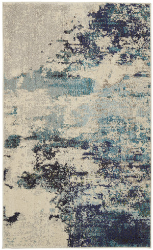 3' X 5' Ivory And Teal Blue Abstract Power Loom Non Skid Area Rug