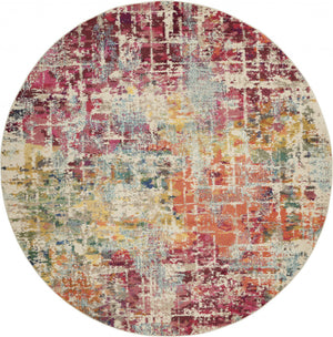 8' X 8' Pink Round Abstract Power Loom Distressed Non Skid Area Rug