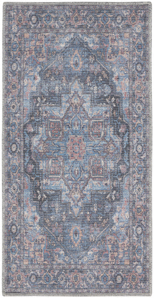 2' X 4' Light Blue Oriental Power Loom Distressed Washable Area Rug