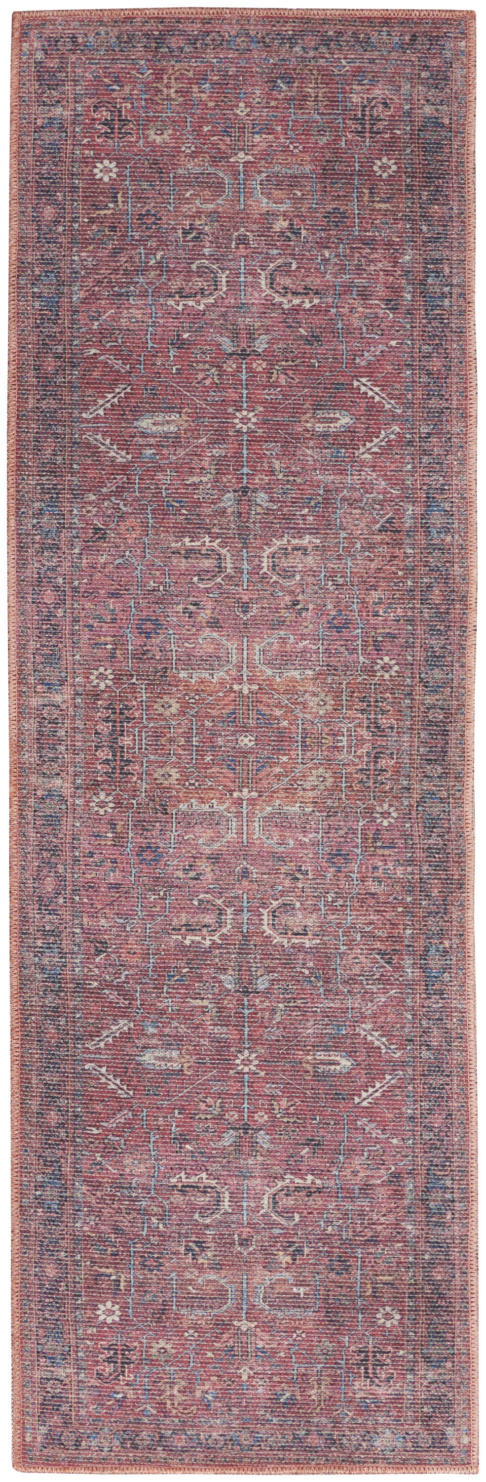 2' X 6' Brick Oriental Power Loom Distressed Washable Runner Rug