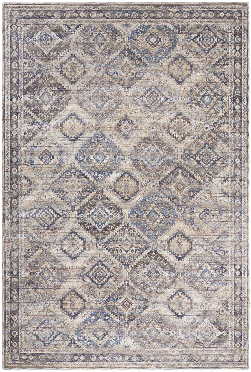 5' X 7' Ivory Latte Oriental Power Loom Distressed Washable Area Rug