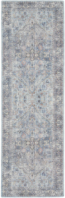 2' X 6' Light Grey And Blue Oriental Power Loom Distressed Washable Runner Rug