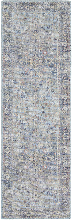 2' X 6' Light Grey And Blue Oriental Power Loom Distressed Washable Runner Rug