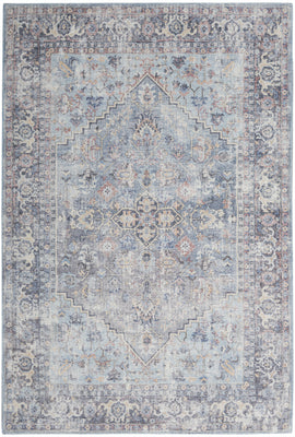 4' X 6' Light Grey And Blue Oriental Power Loom Distressed Washable Area Rug