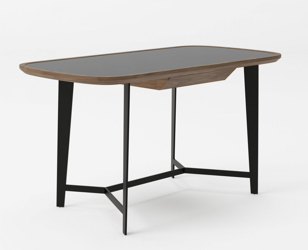 55" Walnut And Black Glass Rectangular Writing Desk