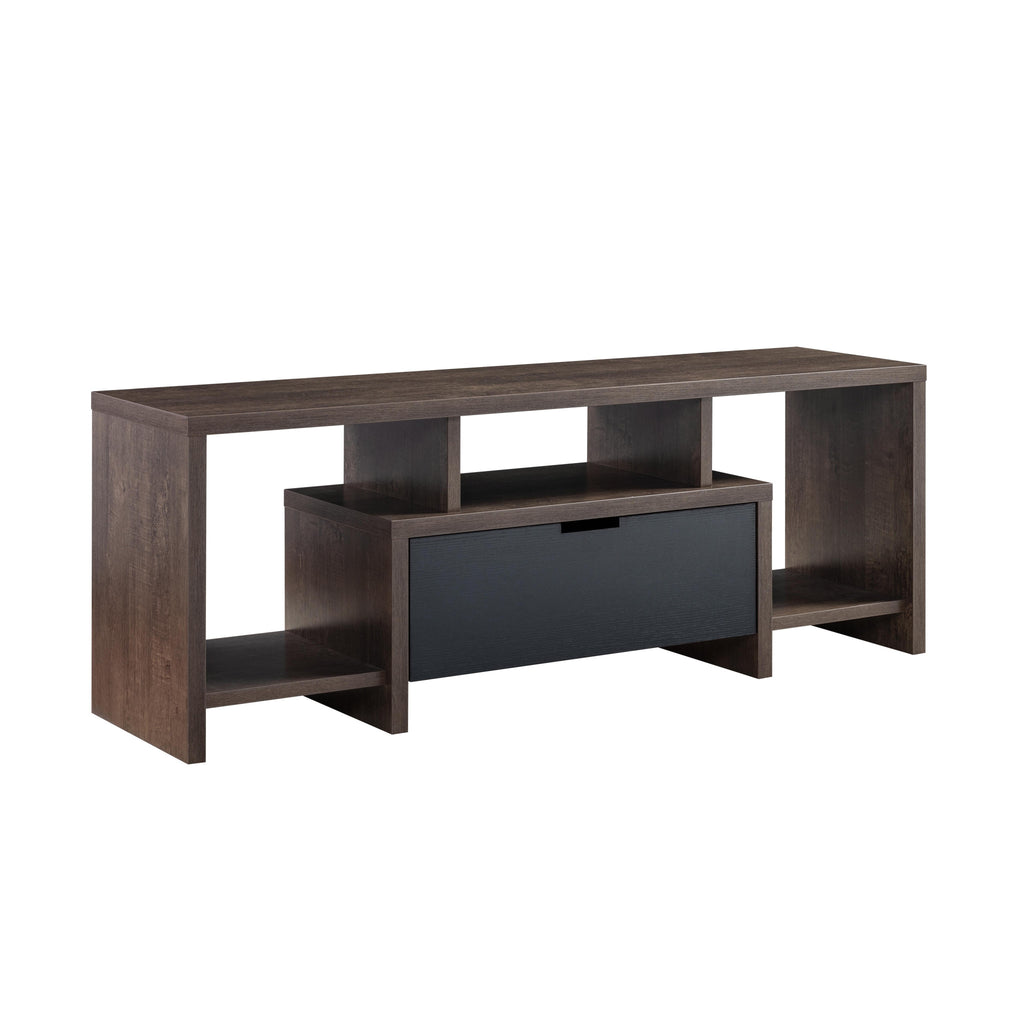 60" Walnut Oak And Black Manufactured Wood Cabinet Enclosed Storage TV Stand