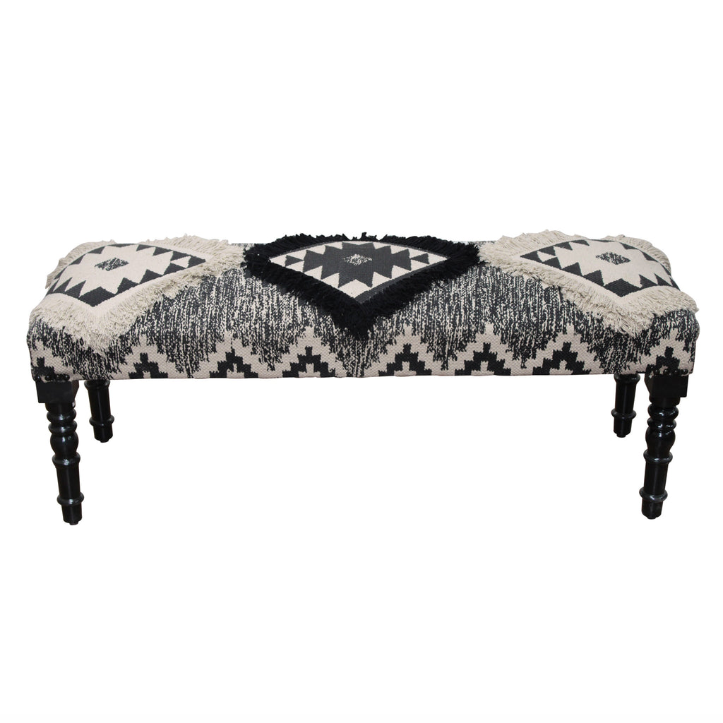 47" Black And White Black Leg Southwest Upholstered Bench