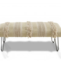 47" Ivory And Gold Geometric Black Leg Upholstered Bench