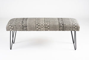 47" Charcoal Gray and White Black Leg Abstract Floral Upholstered Bench