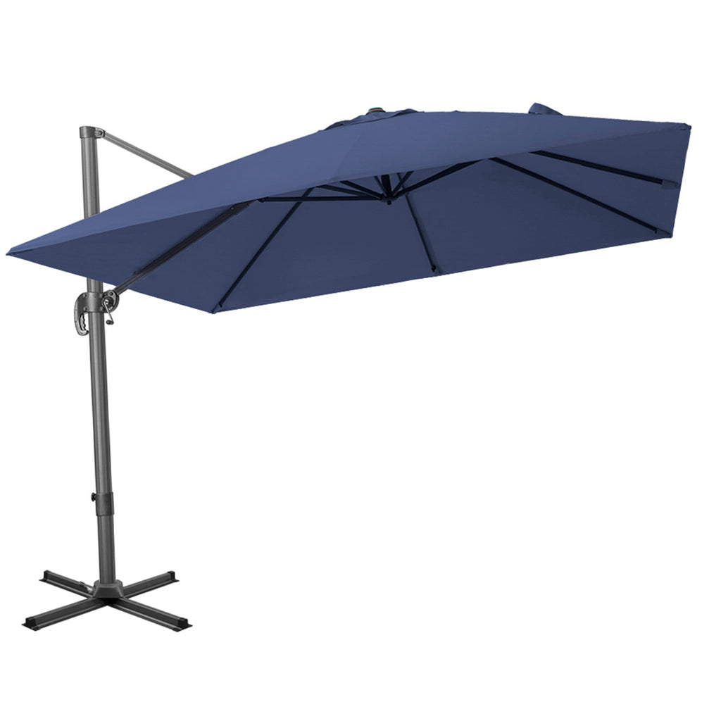 10' Navy Blue Polyester Square Tilt Cantilever Patio Umbrella With Stand