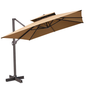 11' Tan Polyester Square Tilt Cantilever Patio Umbrella With Stand