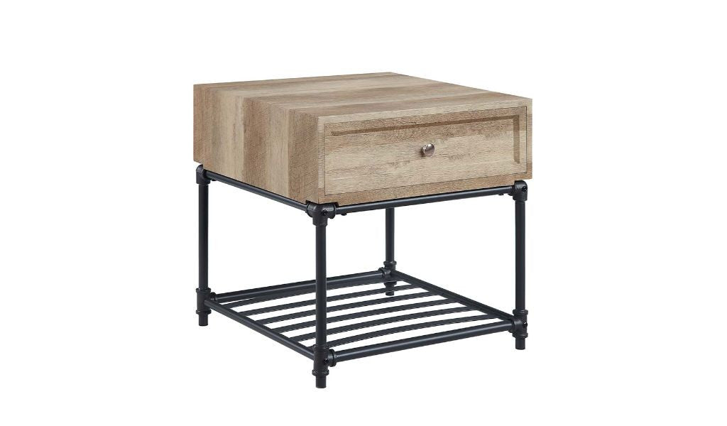 22" Sandy Black And Oak Manufactured Wood And Metal Square End Table With Drawer And Shelf