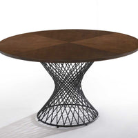 54" Walnut And Black Wood and Metal Hourglass Base Dining Table