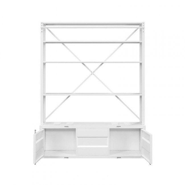 83" White Four Tier Cargo Style Bookcase with Cabinets and Ladder