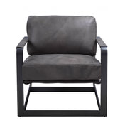 28" Gray Black Top Grain Leather And Steel Solid Color Arm Chair