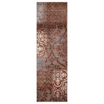 10' Rust And Gray Damask Distressed Stain Resistant Runner Rug