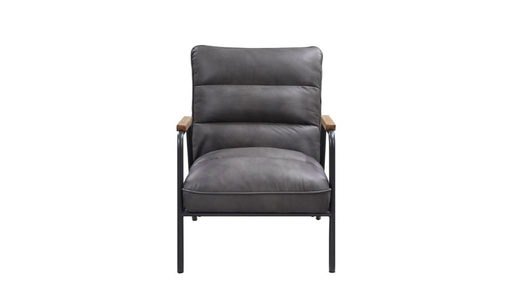 26" Gray Top Grain Leather And Steel Solid Color Arm Chair