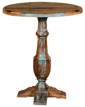 36" Brown and Patina Distressed Wood Round Pedestal High Top Table