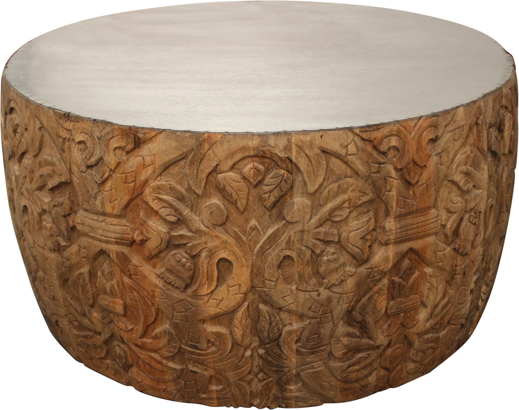 32" Natural Brown And White Wash Hand Carved Wood Round Coffee Table