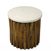 20" Brown And Ivory Marble And Solid Wood Round End Table