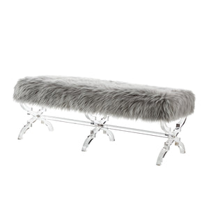 48" Gray And Clear Upholstered Faux Fur Bench