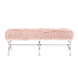 48" Rose And Clear Upholstered Faux Fur Bench