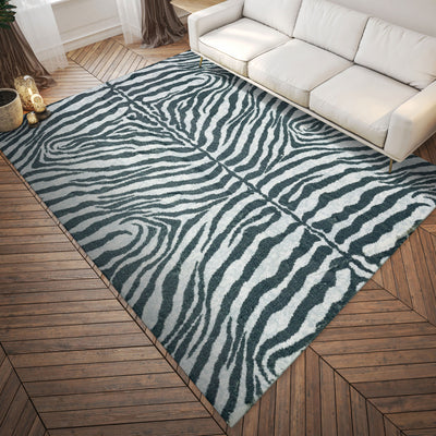 8' X 10' Grey Zebra Print Shag Handmade Non Skid Area Rug